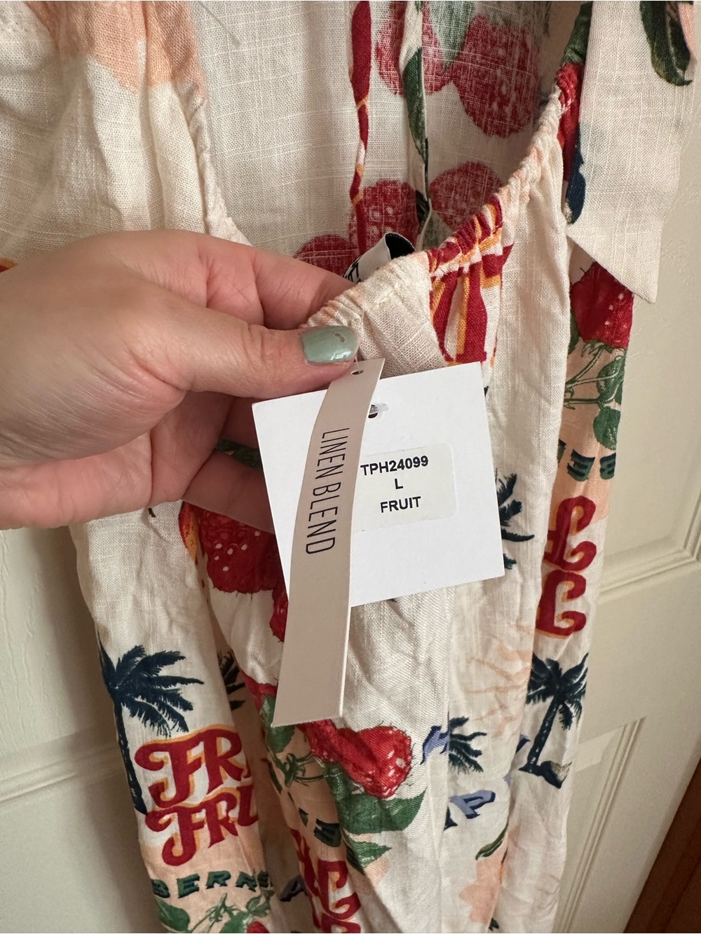 Linen Tie Back Fruit-Print Maxi Slip Dress with Spaghetti Straps - Picture 4 of 8